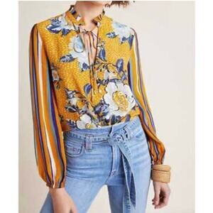 Blank NYC Anthropologie Yellow Floral Breton Peasant Top Size Medium